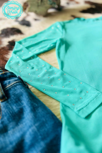 Turquoise Trouble Mesh Top with Rhinestones