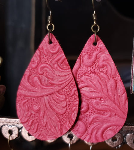 Red Embossed Leather Teardrop Earrings - Hacienda Ranch+Home