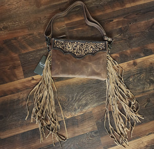 Mocha Dash Hand Tooled Leather Fringe Bag by Myra Bag