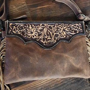 Mocha Dash Hand Tooled Leather Fringe Bag by Myra Bag