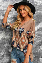 Load image into Gallery viewer, Brown Western Print Buttoned V Neck Top