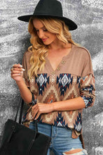 Load image into Gallery viewer, Brown Western Print Buttoned V Neck Top