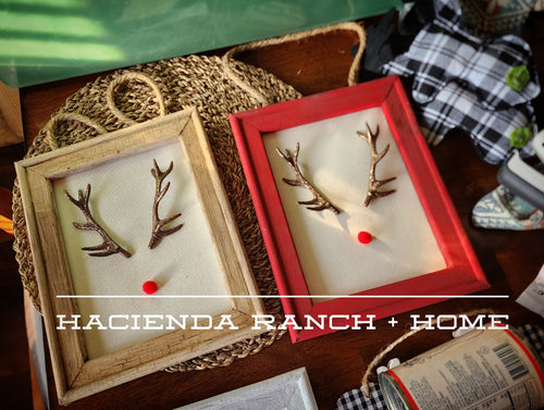 Rustic 3-D Sparkly Antler Reindeer Portraits in Antiqued Frame