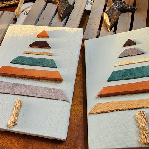 Handcrafted Leather Strip Christmas Tree Canvas Ornament