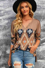 Load image into Gallery viewer, Brown Western Print Buttoned V Neck Top