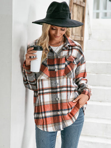 Plaid Button Down Curved Hem Shacket