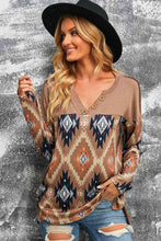 Load image into Gallery viewer, Brown Western Print Buttoned V Neck Top